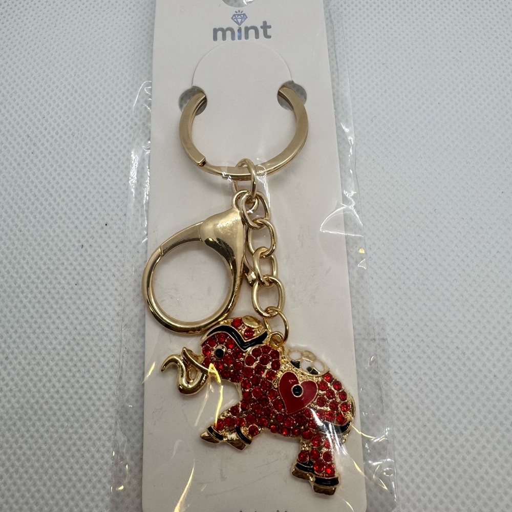 Mint Red Elephant Keychain with Gold Details